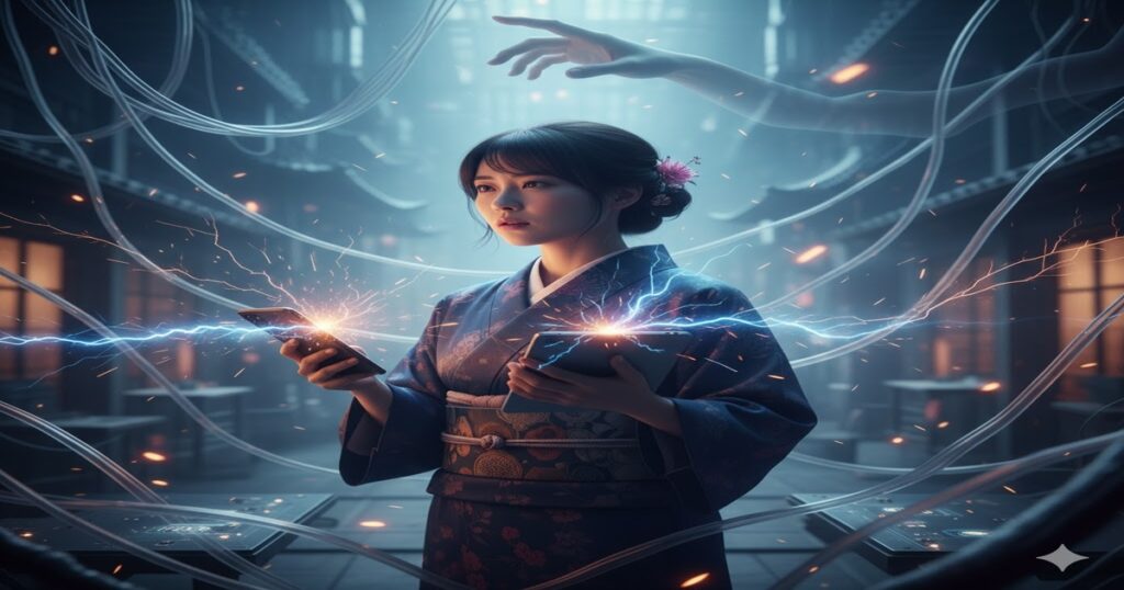 着物姿の日本人女性がスマートフォンとタブレットを持ち、その間で青い電気がスパークしている様子。周囲には無数のケーブルが張り巡らされ、背景は薄暗い街並みで、上空には透明な手が伸びている。霊感と電化製品への影響を示唆する幻想的な雰囲気。