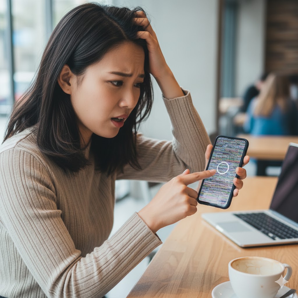 日本人の若い女性が手に持つスマートフォンがフリーズし、困惑した表情を浮かべている。背景にはデスク上のPCや電子機器が描かれており、スライダー体質による機器の誤作動に悩む様子を表現。