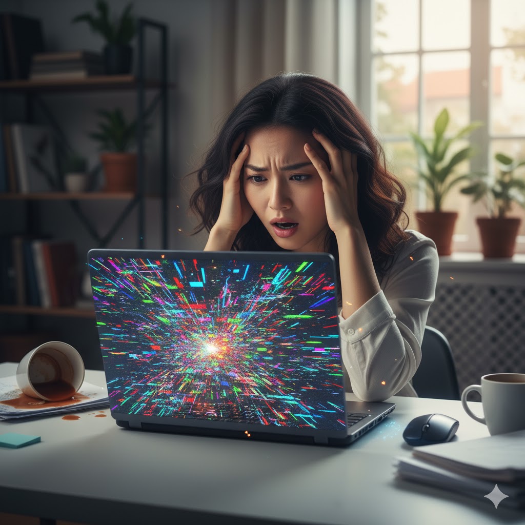 オフィスのデスクでパソコンの画面が乱れ、データが崩壊している様子を前に、驚きと戸惑いの表情を浮かべる日本人女性。スライダー体質による電子機器の深刻な誤作動や故障をイメージ。