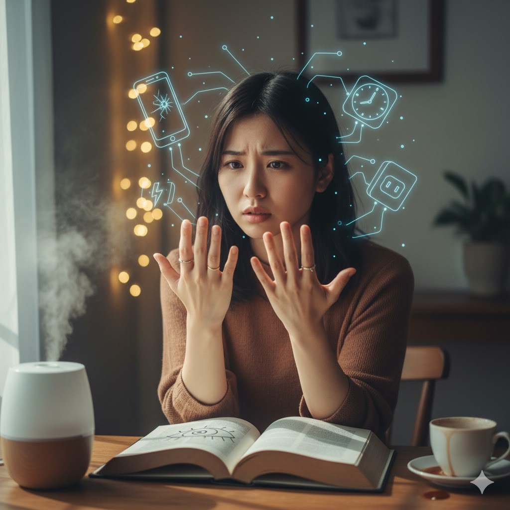 カフェのような場所で、自分のスマートフォンが誤作動しているのを見て、不安げに「もしかしてスライダー体質かも」と考えている様子の日本人女性。特異な体質に気づき始めた瞬間。