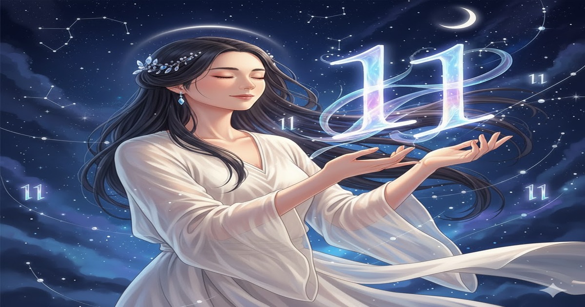 星空と月に囲まれ、数字の11を優しく見つめる日本人女性のイラスト。ソウルナンバー11の神秘性やマスターナンバーとしての特別な意味合いを表現。