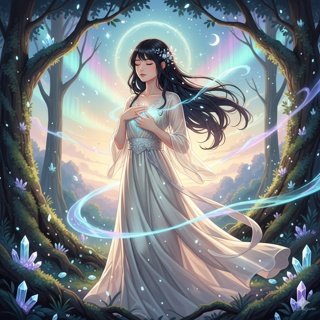 神秘的な森の中で、胸に輝く光を抱き瞑想する日本人女性のイラスト。繊細な感受性とスピリチュアルな繋がりを表現。