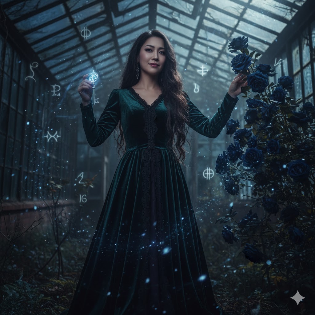 ミステリアスな雰囲気の廃温室で、青いバラと輝く鍵を持つ日本人女性。神秘的で魅力的な女性の姿を表現。