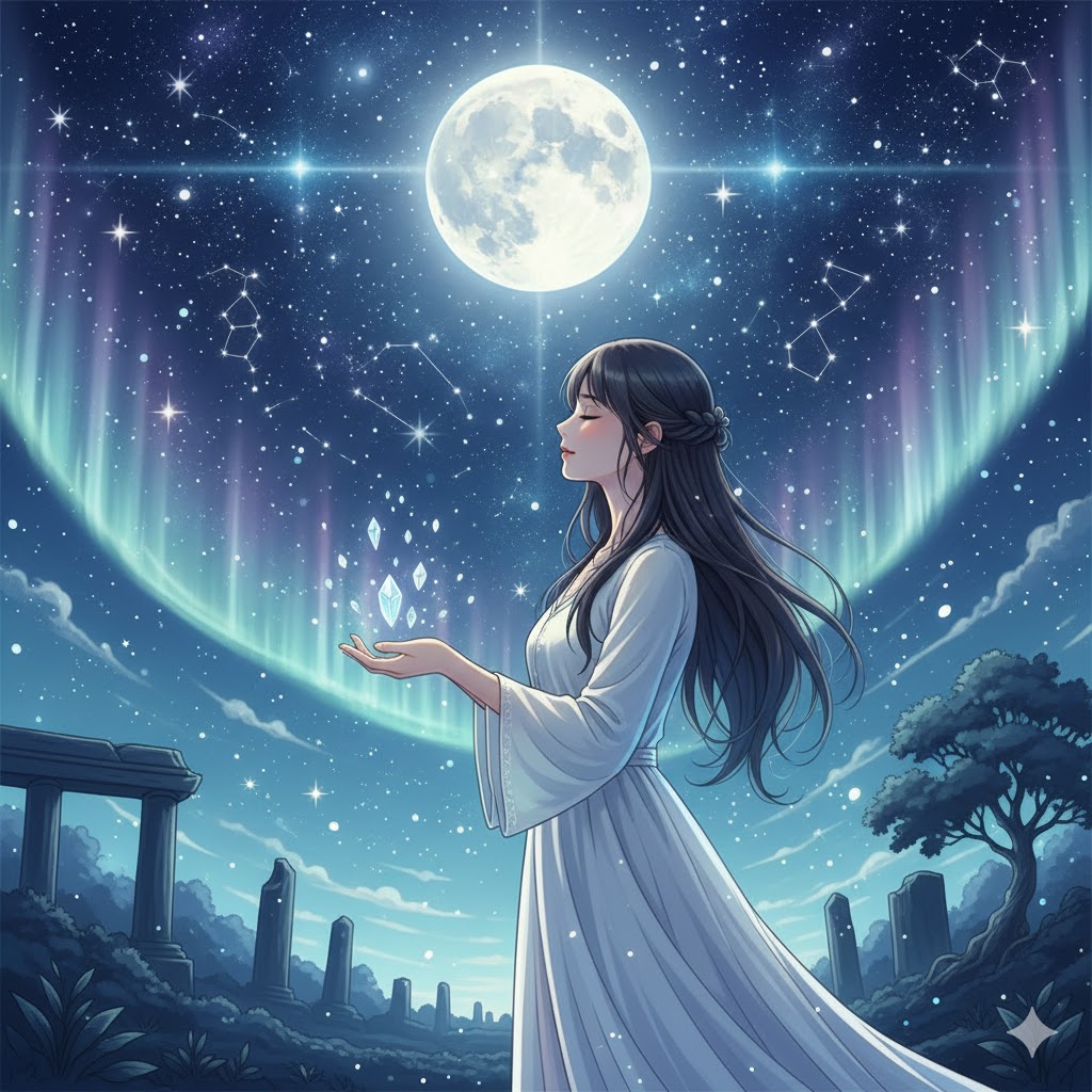 満月と星が輝く夜空の下、幻想的な光を眺める日本人女性のイラスト。深い思索やスピリチュアルな繋がりを感じさせる描写。