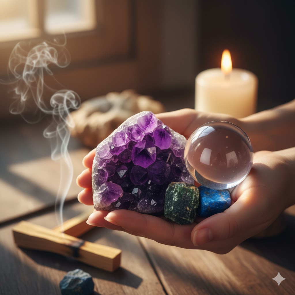 覚醒を促すパワーストーンブレスレットを身に着けた日本人女性の手。浄化用のお香やアメジストクラスターが背景にある。