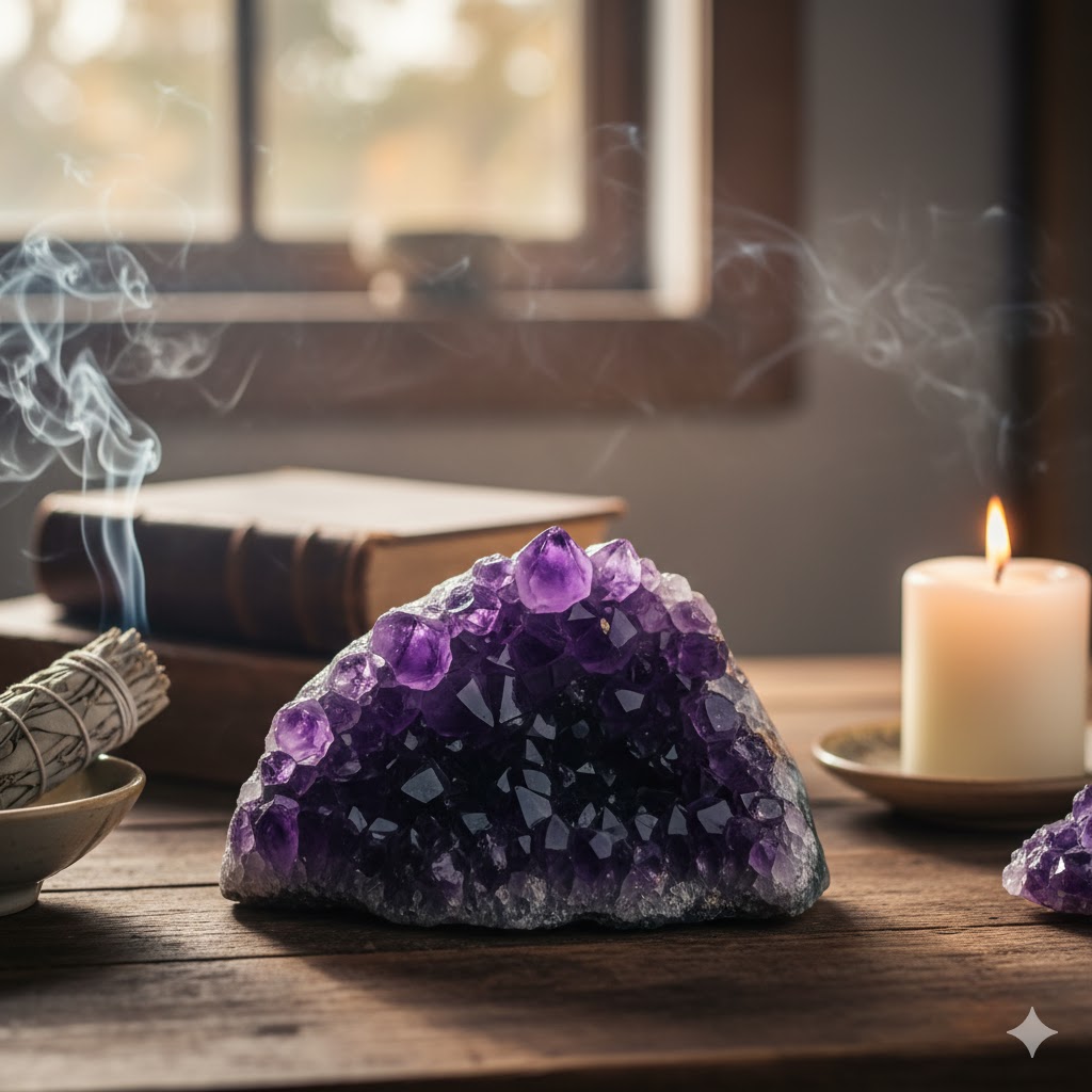 霊感アップのブレスレット（アメジスト・ムーンストーン）をつけた手。お香での浄化風景。