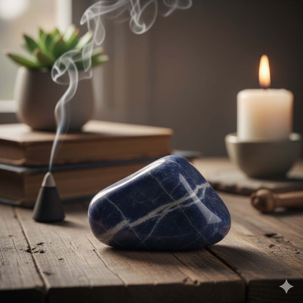ソーダライトのタンブルストーンが、煙の上がるお香とキャンドル、本と共に木製のテーブルに置かれている様子。