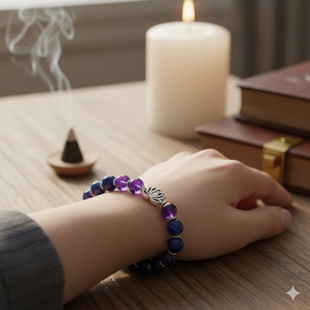 安全な霊感開発をサポートする、ソーダライトとアメジストのパワーストーン組み合わせブレスレット。精神安定とバランスを促す。