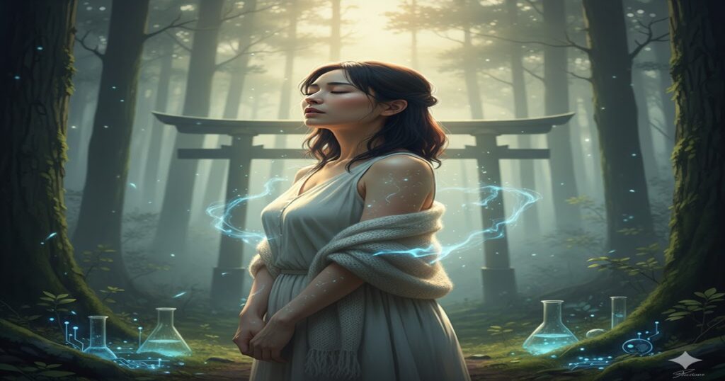 神聖な森で目を閉じ、静かに立つ日本人女性。背後の鳥居と周囲のフラスコが科学とスピリチュアルな感覚の融合を表現し、霊感と科学の関係性を視覚的に示唆しています。