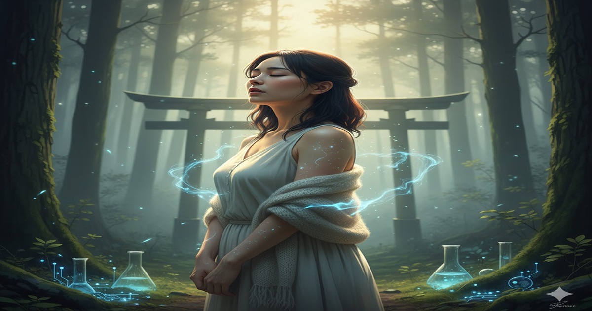 神聖な森で目を閉じ、静かに立つ日本人女性。背後の鳥居と周囲のフラスコが科学とスピリチュアルな感覚の融合を表現し、霊感と科学の関係性を視覚的に示唆しています。