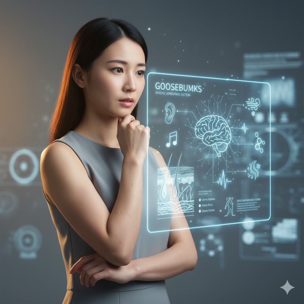 日本人女性が顎に手を当て、鳥肌の科学的メカニズムを示すホログラフィックな情報表示を見つめています。脳、皮膚、聴覚、感情反応が図示され、鳥肌が立つ理由を深く考察する様子を表しています。