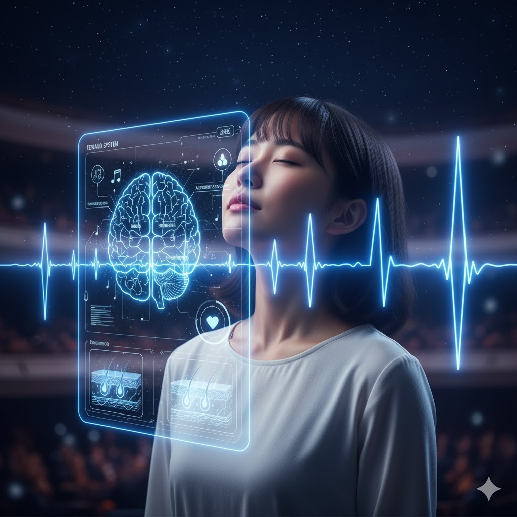 音楽で感動の鳥肌が立つ日本人女性と、脳科学のイメージ図。感情と脳の仕組みの関連性を表現。