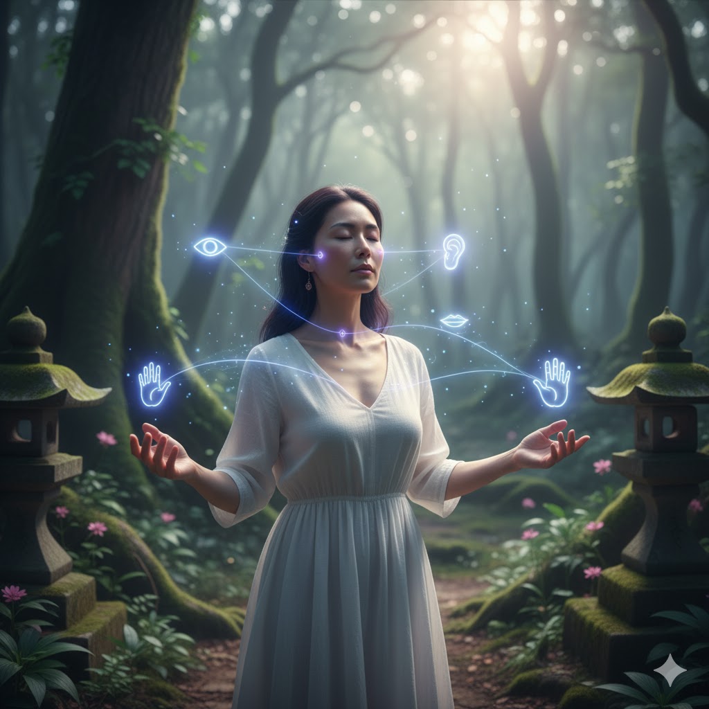 霊感が強い人と五感の鋭さを表現。森で目を閉じる女性が、鳥居のそばで微細なエネルギーを感じている。