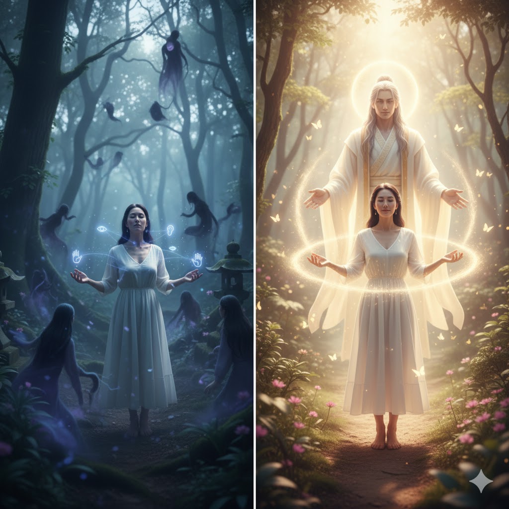 「霊感」と「守護霊が強い」の違いを示す対比画像。左の女性はエネルギーを感じ(霊感)、右の女性は光の存在に見守られています(守護霊)。二つの概念の違いを表現。