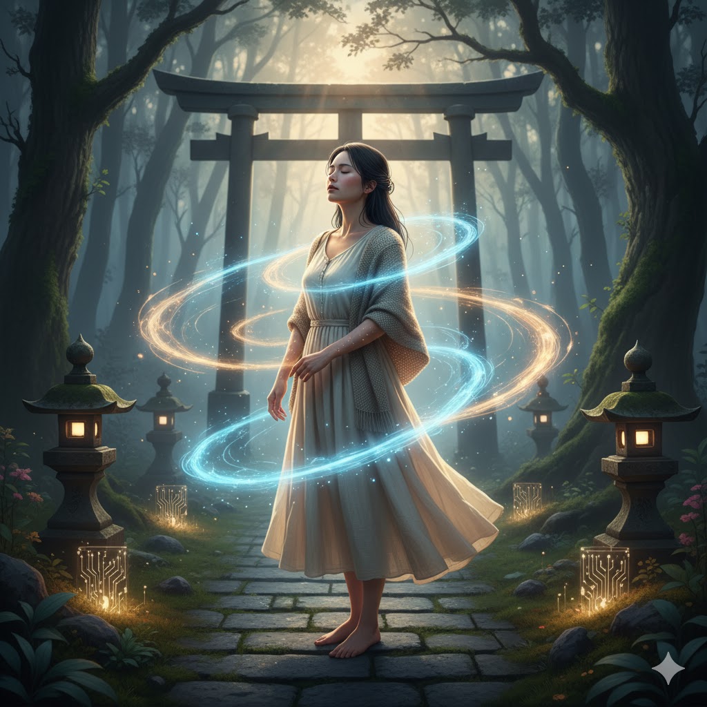 鳥肌のスピリチュアルな意味。神聖な森の鳥居の前で、霊的なエネルギーを感じ、腕に鳥肌が立つ日本人女性。