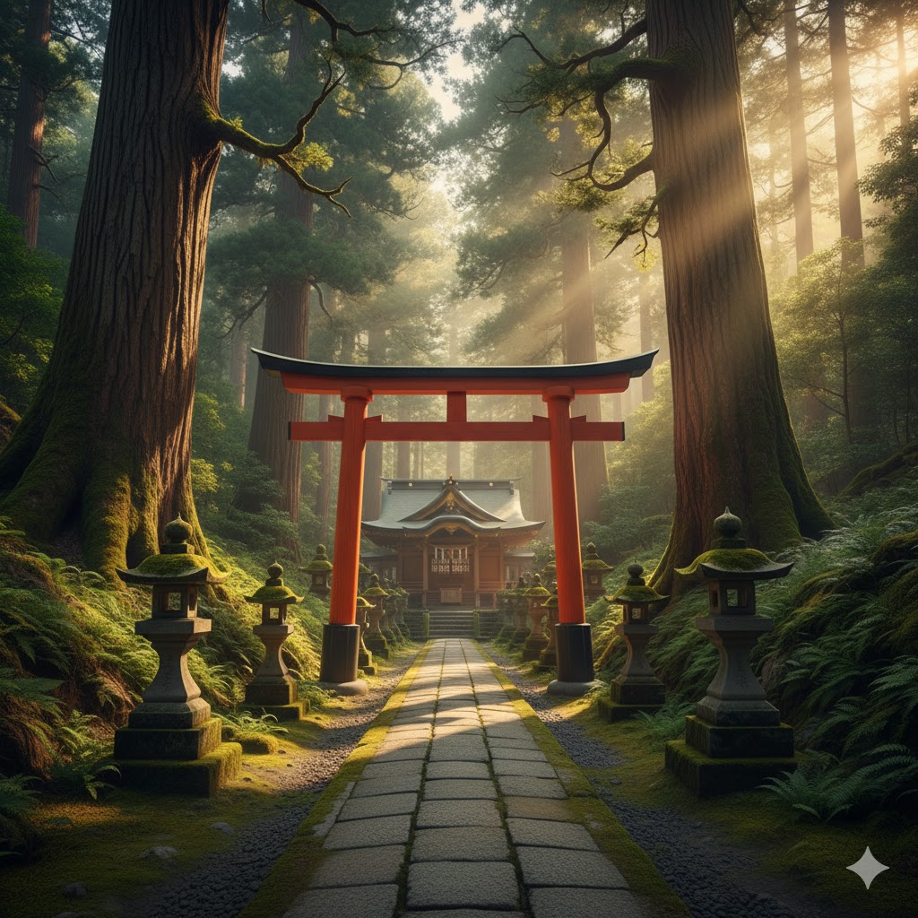 神秘的な鎮守の森に佇む、苔むした神社の鳥居。神聖な空気と霊的な雰囲気を感じさせる風景。