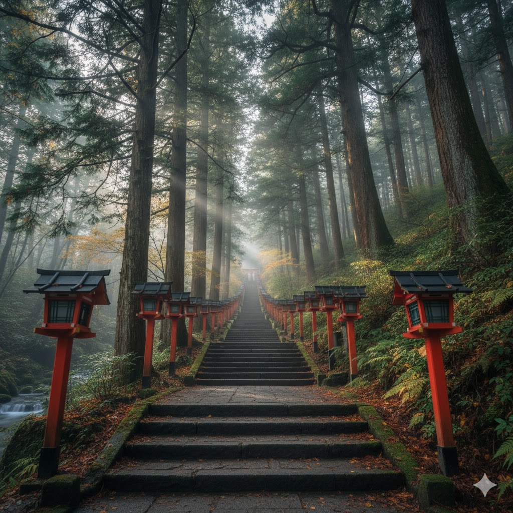 貴船神社の参道を照らす赤い灯篭と、神秘的な霧に包まれた木々が美しい夜景。龍穴のパワースポットを象徴する幻想的な雰囲気。