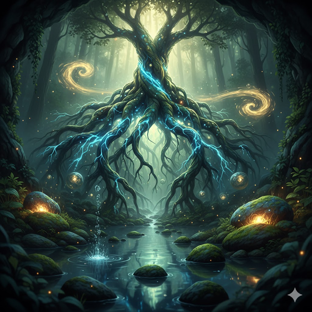 深く根を張る生命の樹から光るエネルギーが放たれ、水面に滴る様子。万物の根源である「氣生根」を象徴する幻想的な森と水の風景。