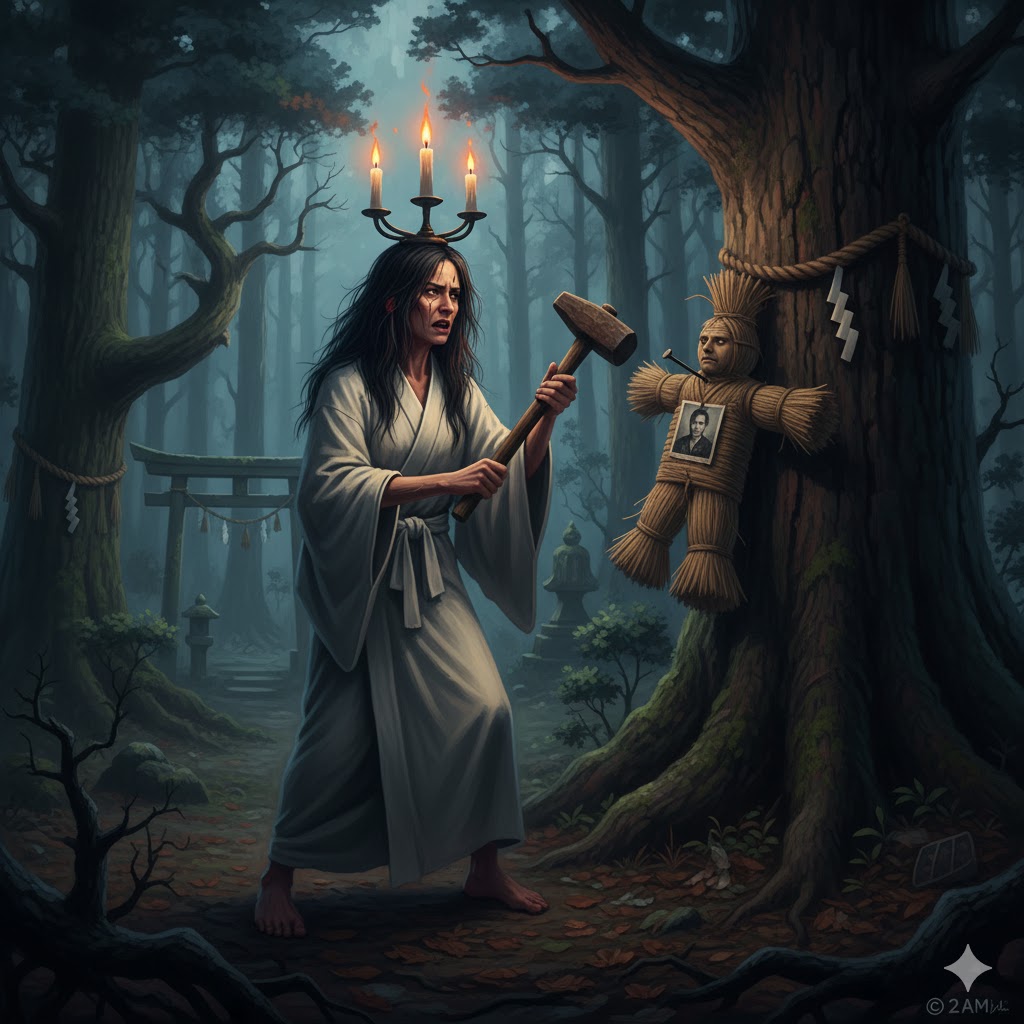 深夜の森で、藁人形に釘を打ち付ける女性。頭にはろうそくを立てた五徳をかぶり、和装で呪詛を行う日本の伝統的な「丑の刻参り」の光景。