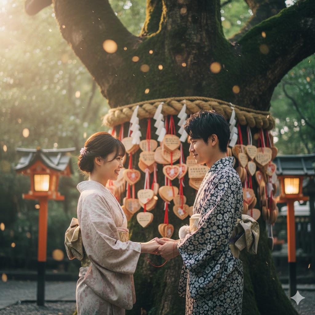 神社の結び所に無数の赤い糸が結ばれ、光る蝶が舞う幻想的な風景。恋愛成就や縁結びのご利益、スピリチュアルな結びつきを象徴する。