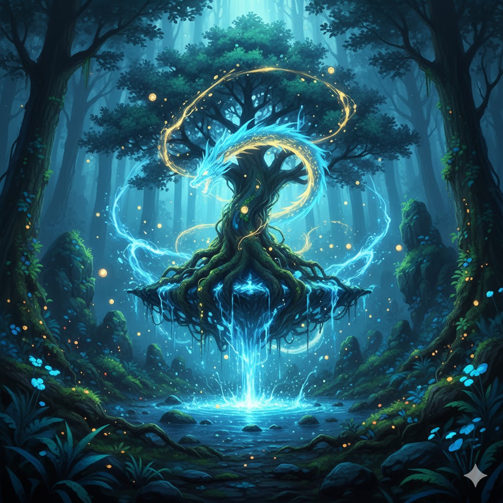 深い森の奥、光り輝く龍が巻き付く生命の樹。その根元からは強力な水と光のエネルギーが湧き出し、「龍穴」の神秘的な力を表現している。