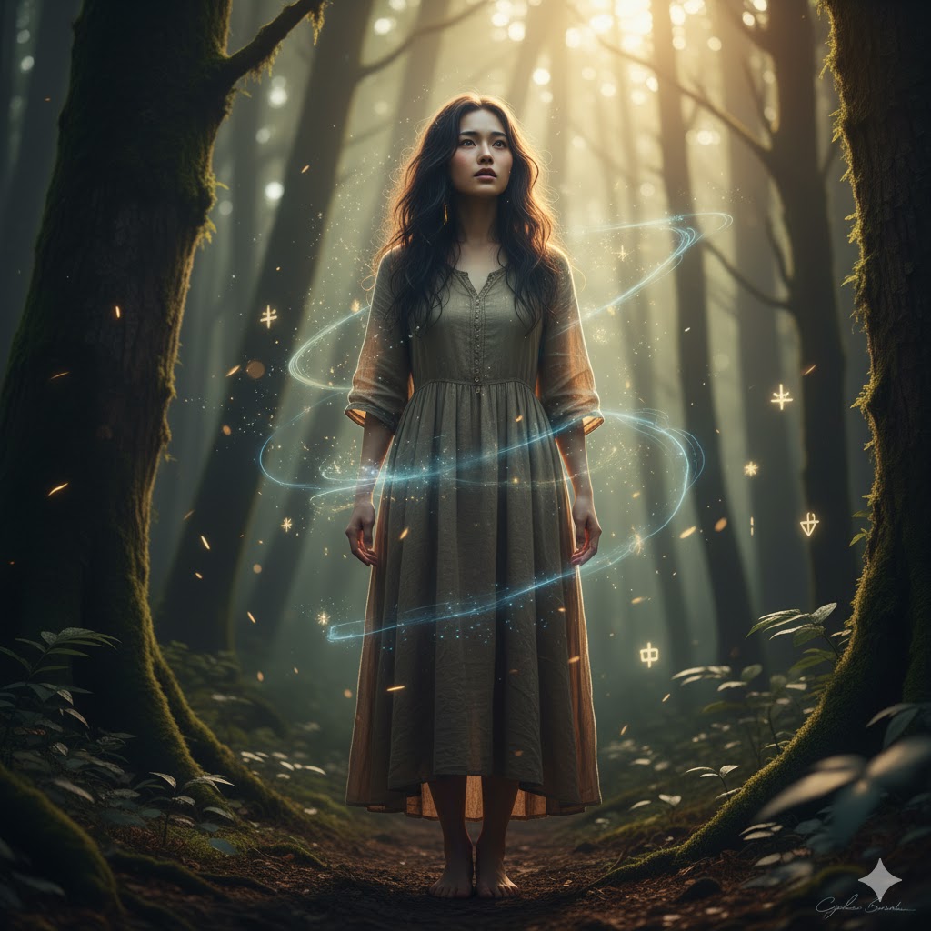 目を閉じ、神秘的な森のエネルギーを感じ取る女性。光の粒子が舞い、霊感が強すぎる人の鋭い感受性を表現している。