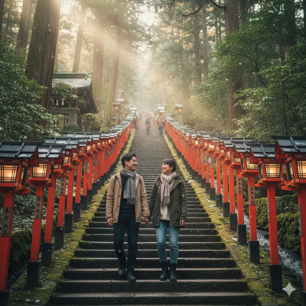貴船神社の有名な赤い灯篭が並ぶ石段を、仲睦まじく歩くカップル。縁結びのご利益と、別れるジンクスの両方で知られる神社。