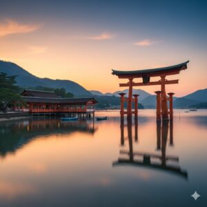 水面に立つ厳島神社の赤い大鳥居と社殿。夕焼け空と山々を背景に、静寂に包まれた海の風景が広がる。