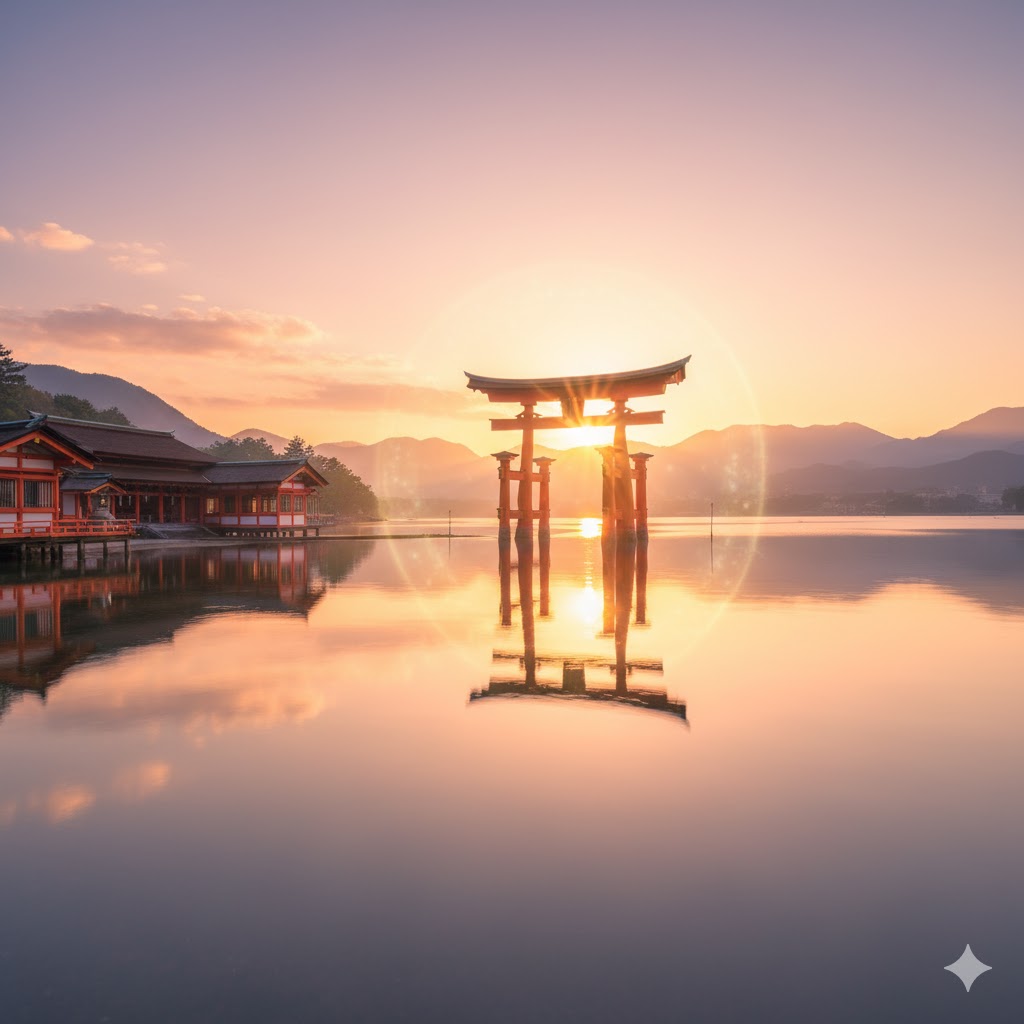 パワースポット厳島神社の神聖な風景。夕焼けの海に浮かぶ大鳥居と社殿、その美しい水面の反射。