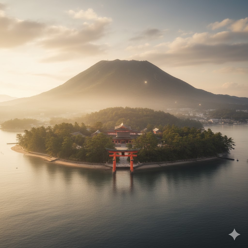 厳島神社の御神体である島(宮島)。神聖な土地を避け、海上に建てられた大鳥居と社殿。