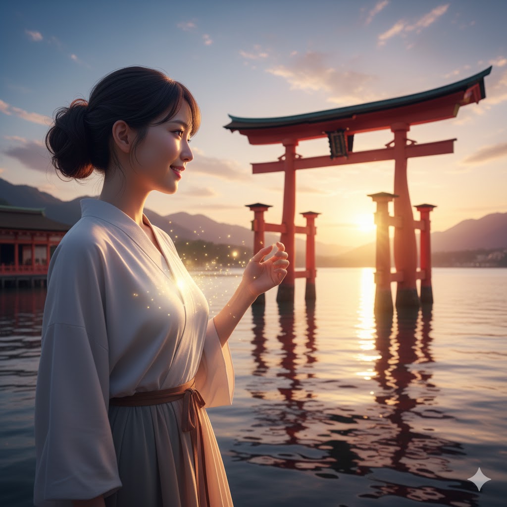 厳島神社に呼ばれる人の特徴を表現した画像。夕焼けを背景に、水面に立つ大鳥居と、光に包まれた女性。