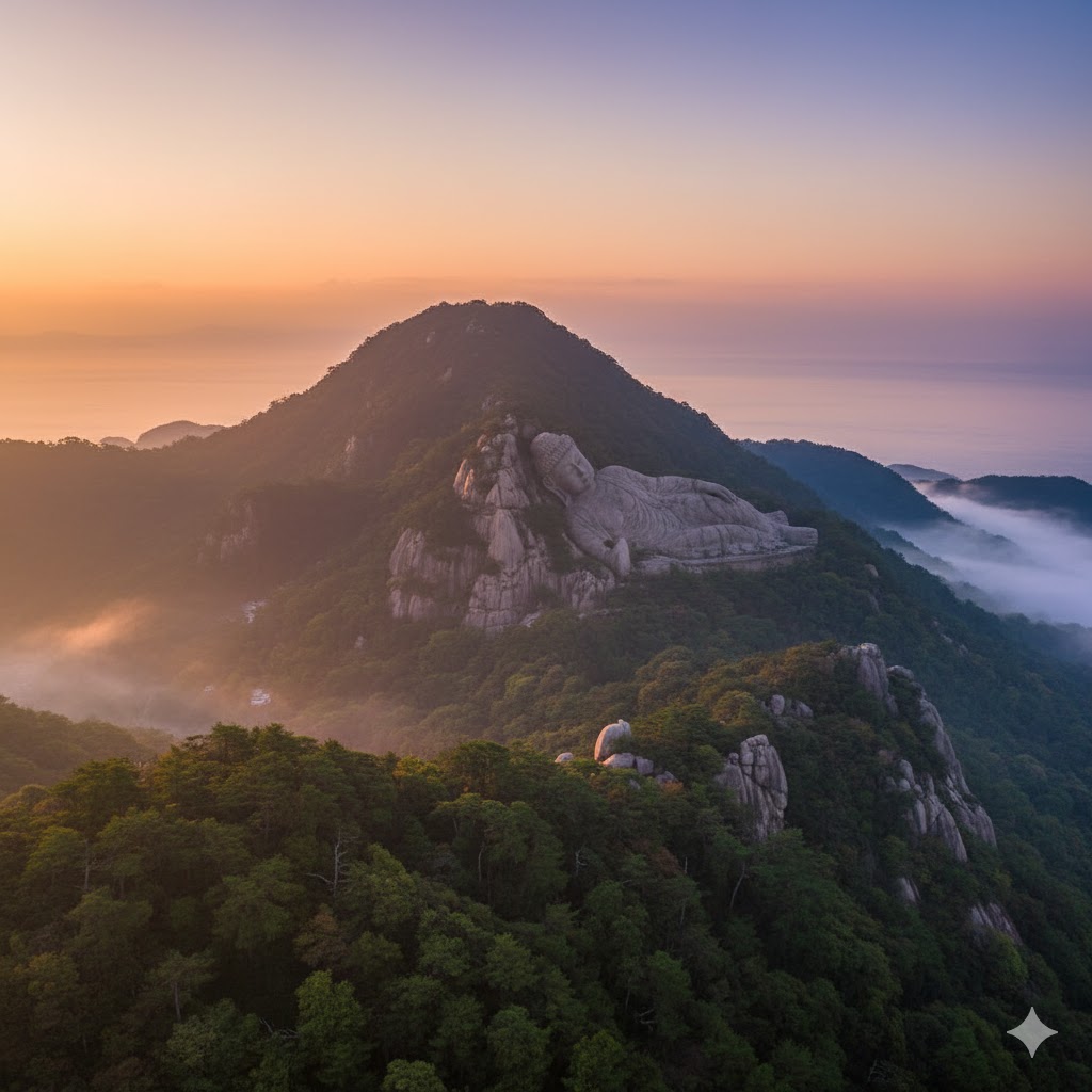 厳島神社の大鳥居と社殿、背景に広がる山々。この稜線がスピリチュアルな観音様の寝姿と呼ばれる。