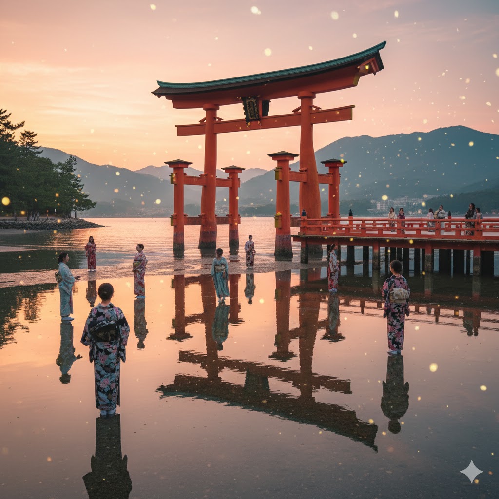女性に人気のパワースポット厳島神社。美しい大鳥居と社殿が水面に映る夕景。
