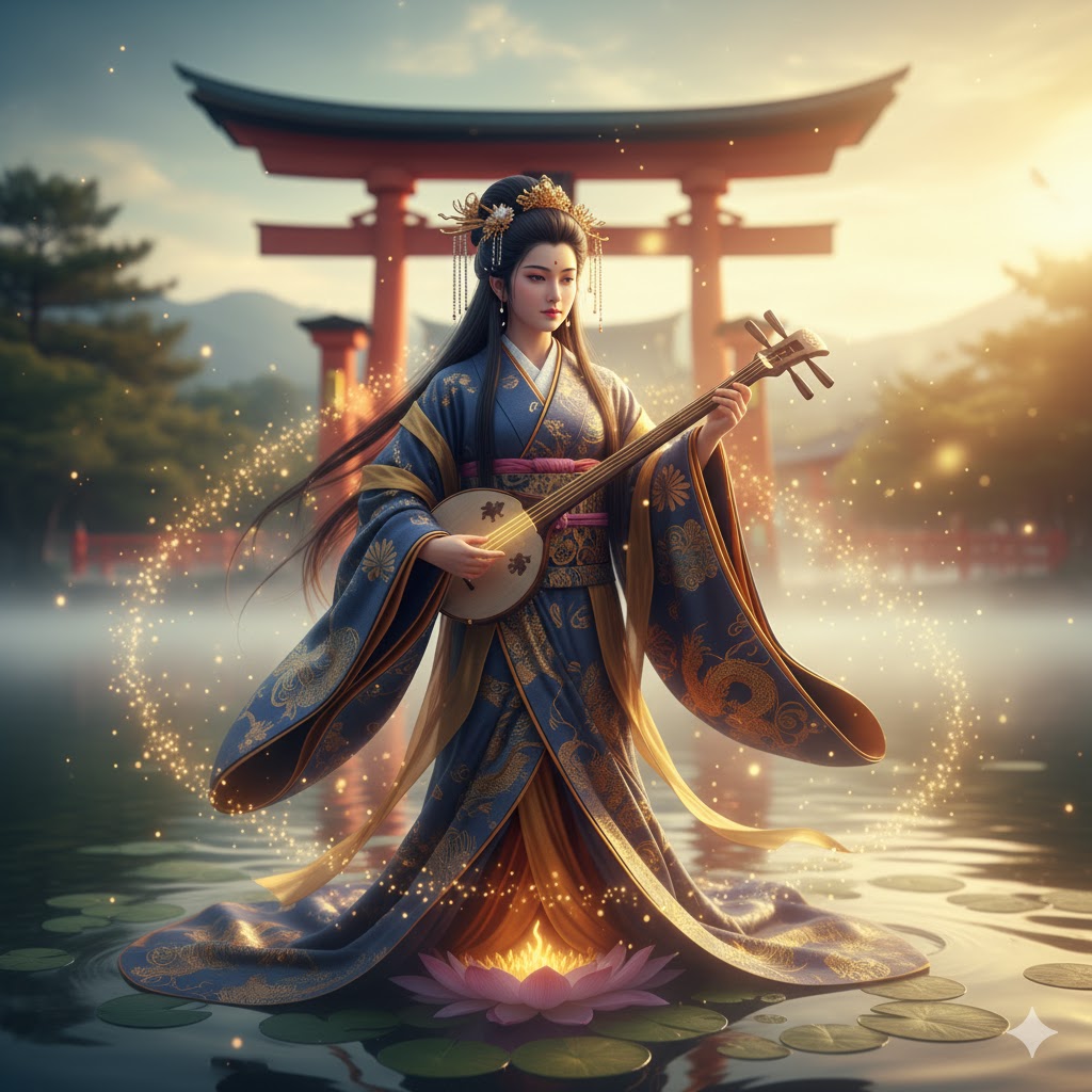 厳島神社の大鳥居と社殿の風景。主祭神は弁財天と同一視され、金運のパワースポットとなっている。