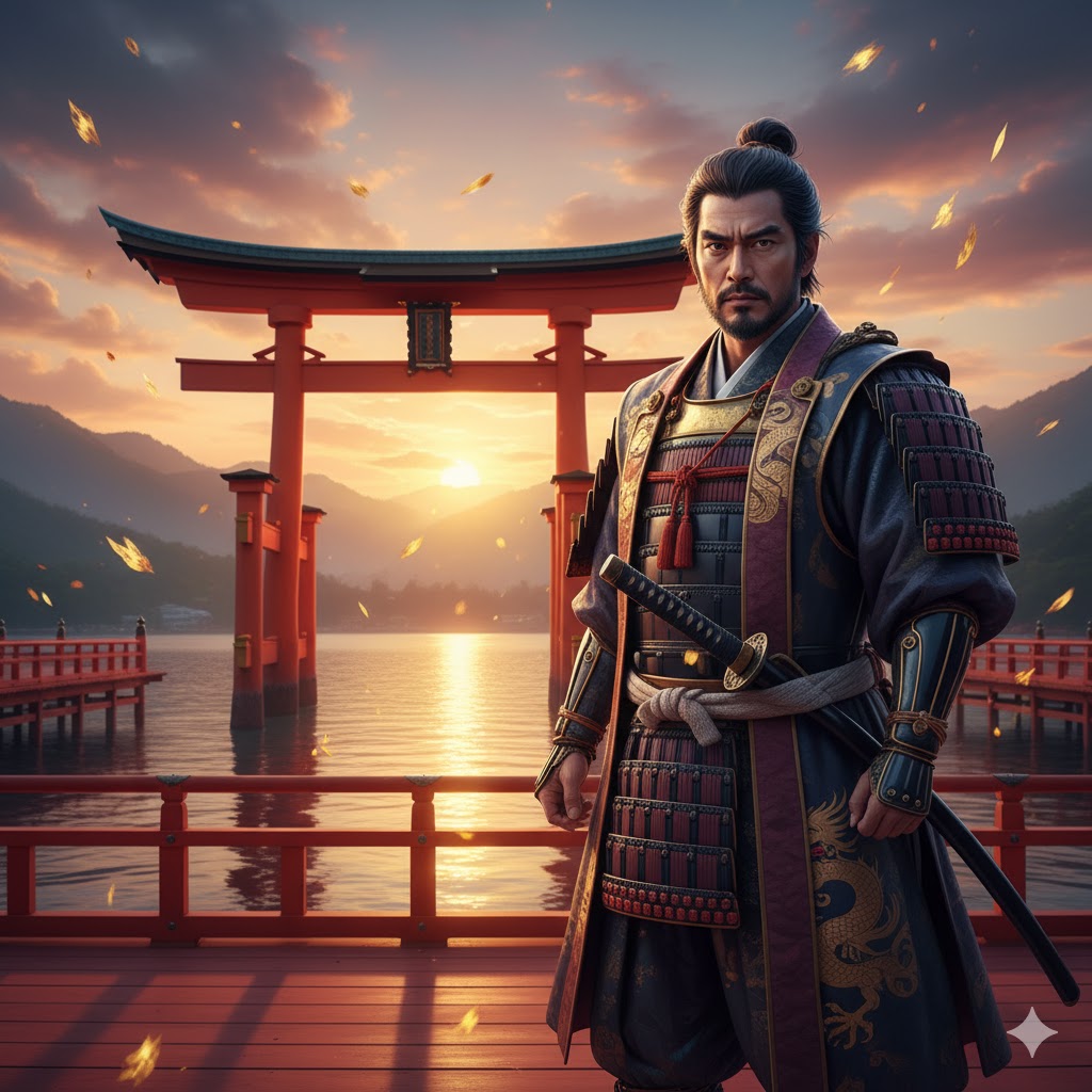 厳島神社を信仰し、社殿を造営した平清盛の勇壮な姿。夕焼けを背景に、水面に立つ大鳥居の前で。