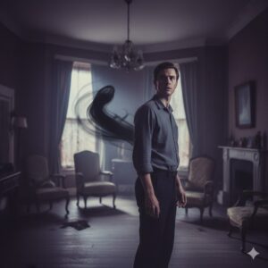 古い洋館の薄暗い部屋で、不安げな表情の男性の背後から黒く不定形な影が伸びている様子。