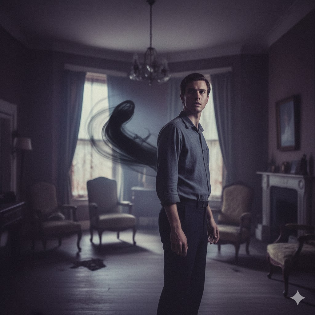 古い洋館の薄暗い部屋で、不安げな表情の男性の背後から黒く不定形な影が伸びている様子。