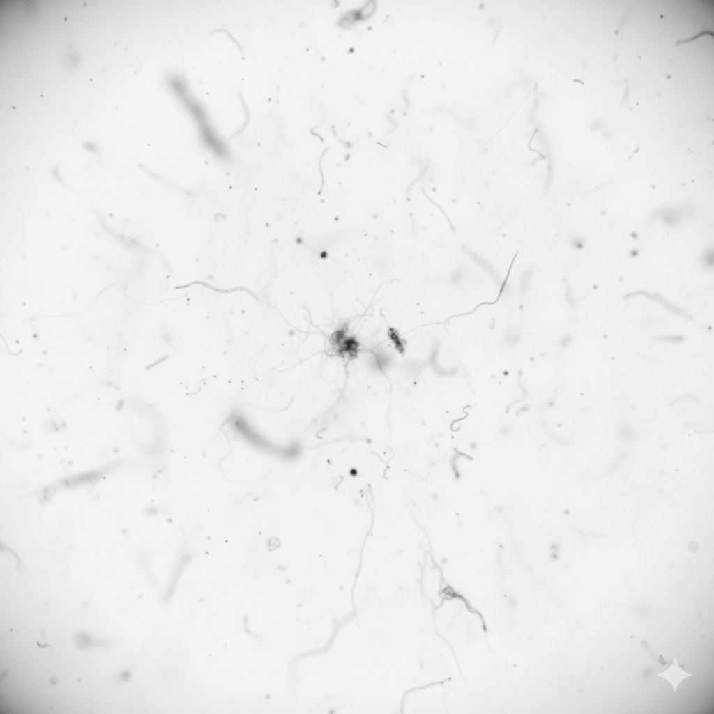 飛蚊症で見える黒い影のイラスト。視界にゴミや水玉、糸くずが飛んでいるように見える様子。