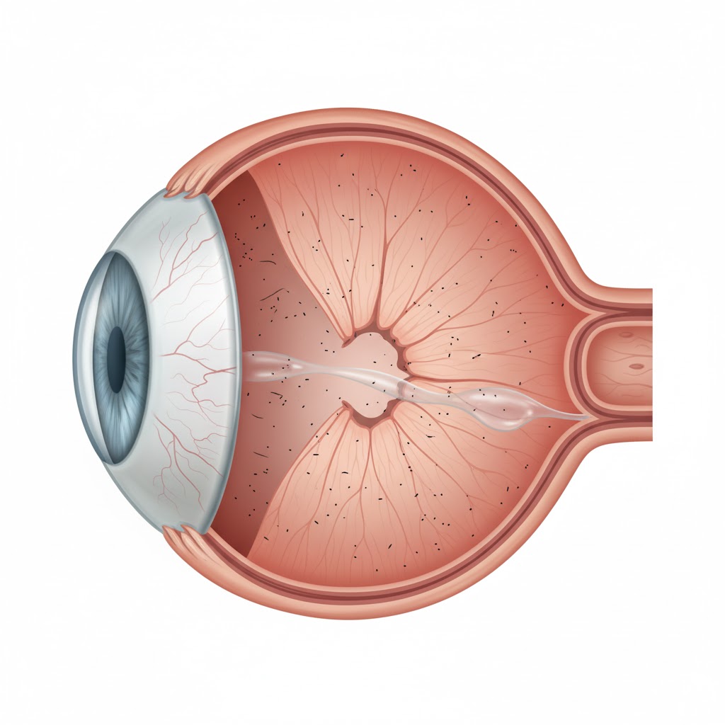 目の断面図。網膜が剥がれかかり、硝子体の中に飛蚊症を示すような黒い点や線が描写されている様子。