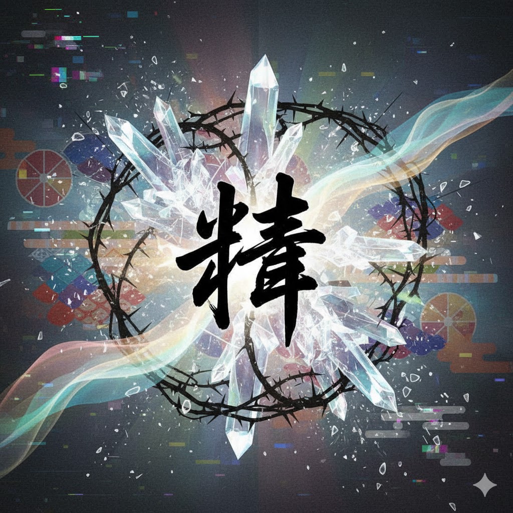 22画の基本的な意味を表す抽象画。漢字「精」を中心に、困難や繊細さ、潜在的なエネルギーが表現されている。