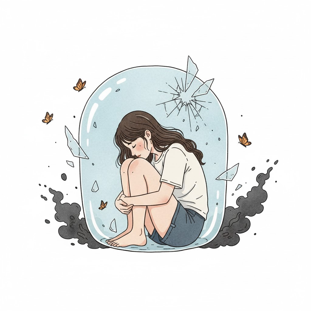 姓名判断22画の「繊細な性格」を象徴するイラスト。ひび割れたカプセルの中の女性が過敏さや脆さを表現。