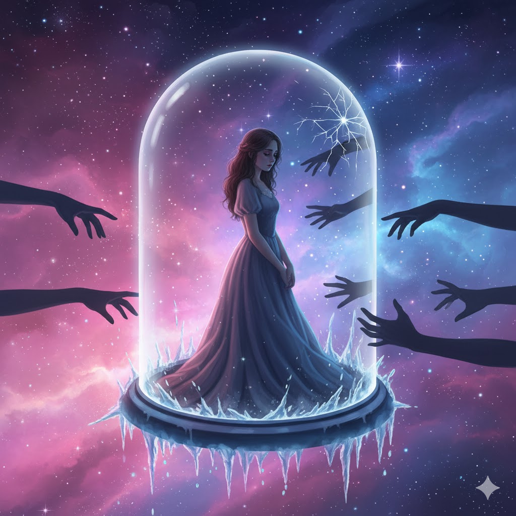 恋愛における孤独と隔絶を象徴する画像。ガラスドームに閉じ込められた女性と伸びる手が、22画の恋愛傾向を表す。