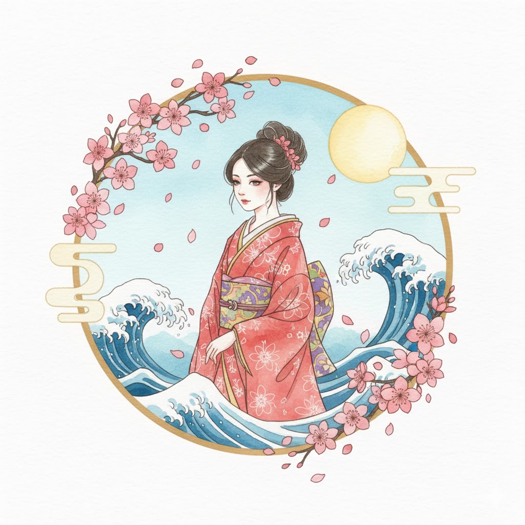 着物を着た女性のイラスト。桜、波、月が描かれたフレームが、東洋的な女性の運勢や幸福を象徴。