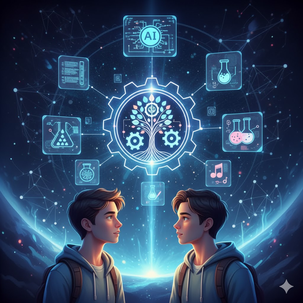 才能と適職を象徴するデジタルアート。歯車やAI、音符などのアイコンが未来的なキャリアパスを示す。