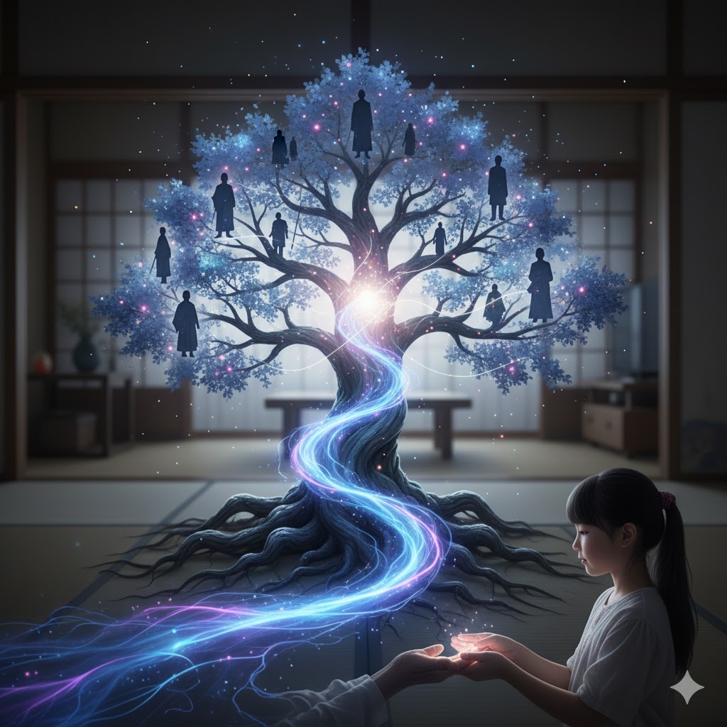 家族の歴史を表す光る木と、その光を受け継ぐ少女の手元を描いた幻想的なイラスト。