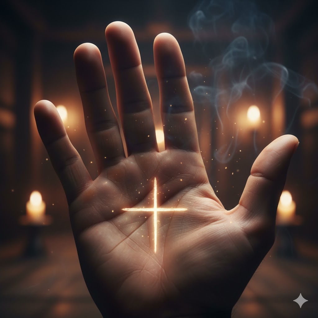 先祖代々の霊的な力が、光る家系図の木から大人の手を経て子供に受け継がれる様子のイラスト。