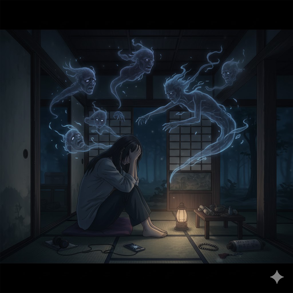 霊感がある家系の末裔である少女が、先祖代々の光る家系図から力を受け継ぐ幻想的なイラスト。