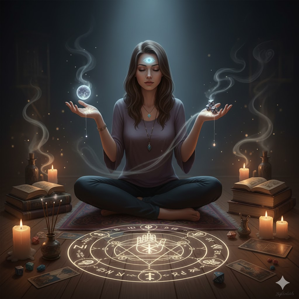 自分の霊感が家系由来か確かめるように、光る家系図の木と、大人から光を受け取る子供を描いたイラスト。