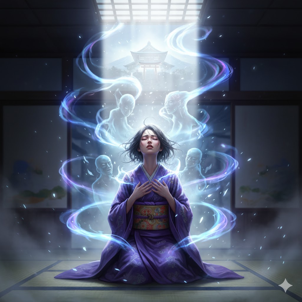 神ダーリの試練を経て、家系から霊的な力を受け継ぐ少女の幻想的なイラスト。