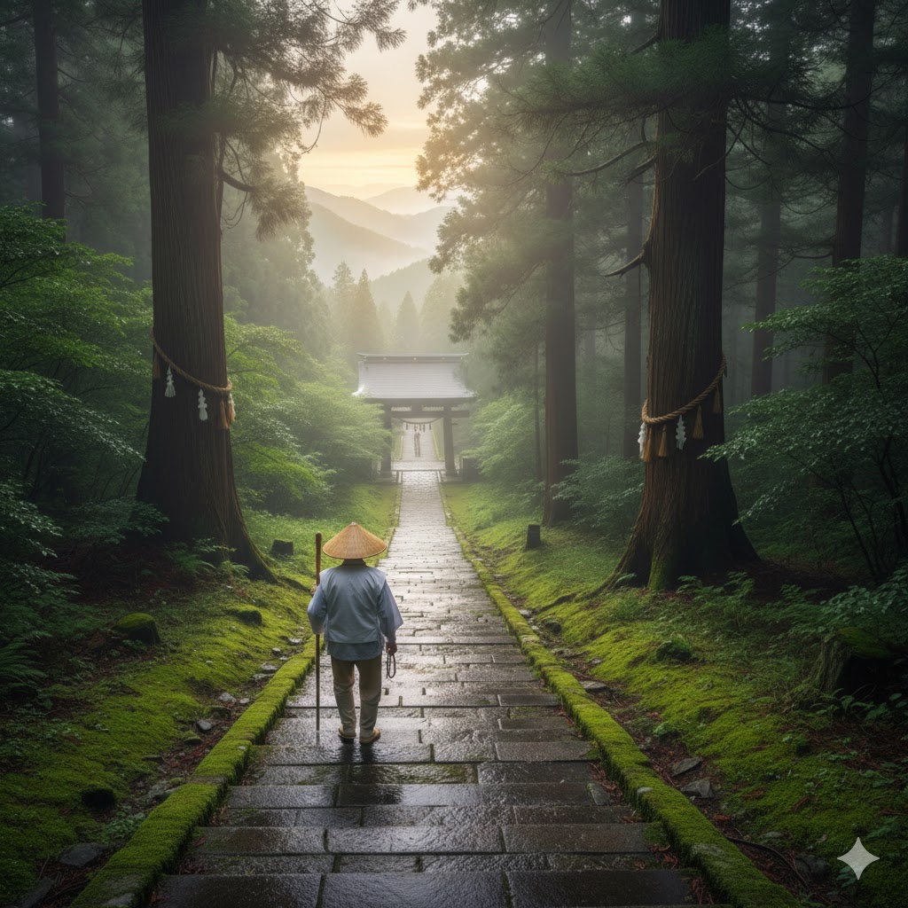 お遍路の巡礼者が、早朝の霧深い森の中、苔むした石畳の参道を寺の門に向かって歩いているスピリチュアルな風景。